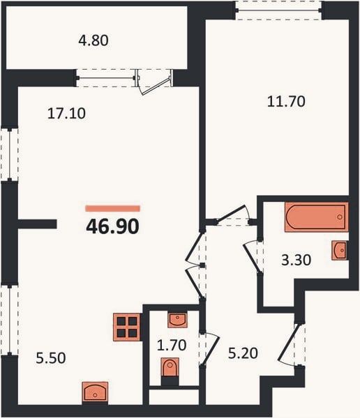 Планировка: 2-к, 46,9 м²