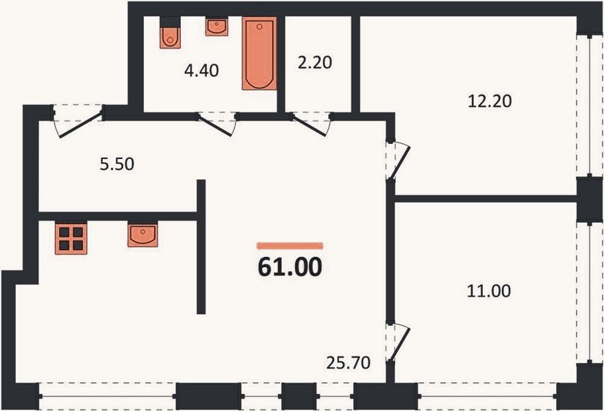 Планировка: 2-к, 61 м²