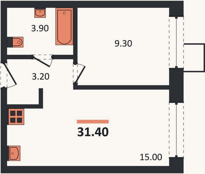 Планировка: 1-к, 31,4 м²