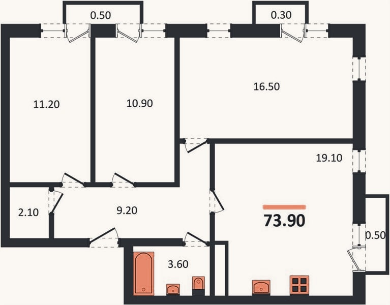 Планировка: 3-к, 73,9 м²