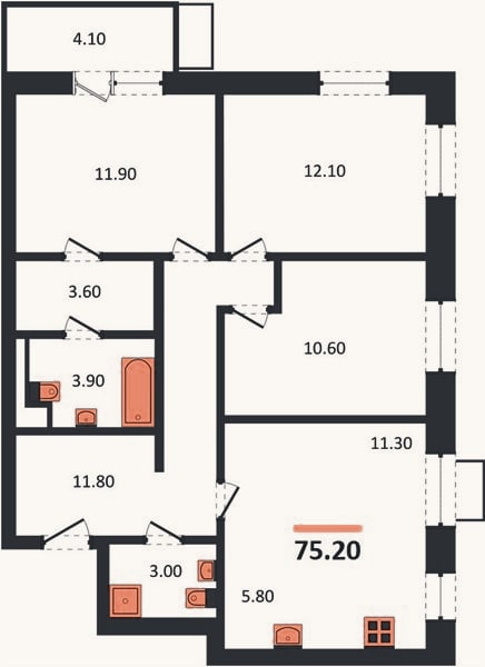 Планировка: 3-к, 75,2 м²