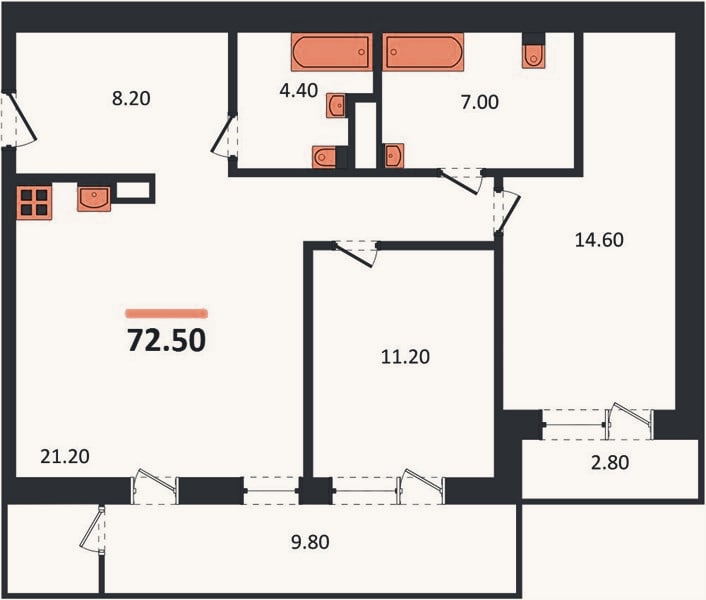 Планировка: 2-к, 72,5 м²