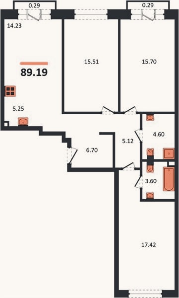 Планировка: 3-к, 89,2 м²