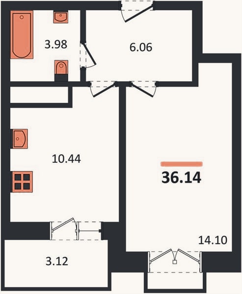 Планировка: 1-к, 36,1 м²