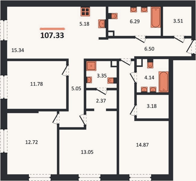 Планировка: 4+ к, 107,3 м²