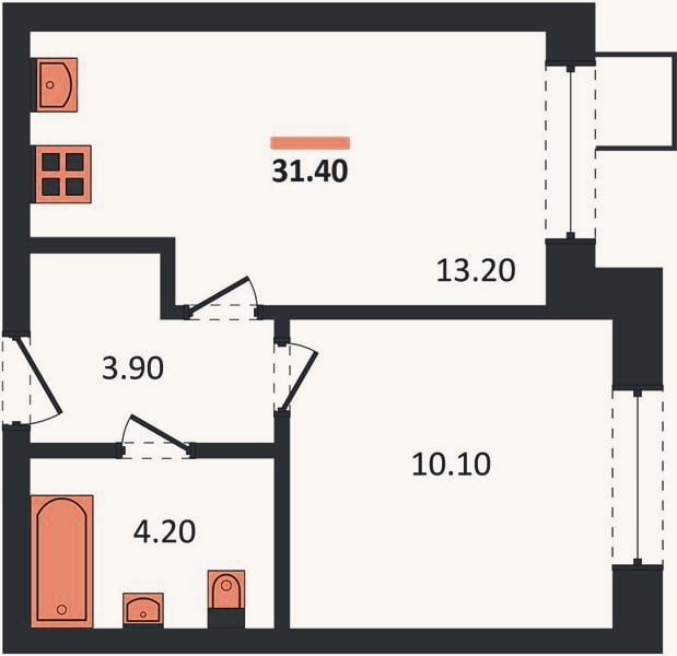 Планировка: 1-к, 31,4 м²