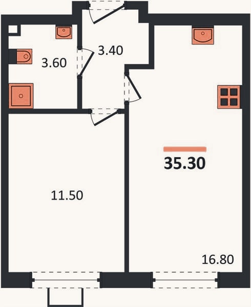 Планировка: 1-к, 35,3 м²