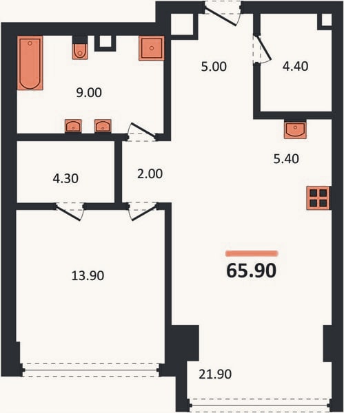 Планировка: 1-к, 65,9 м²