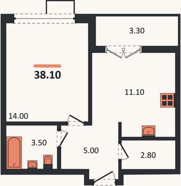 Планировка: 1-к, 38,1 м²