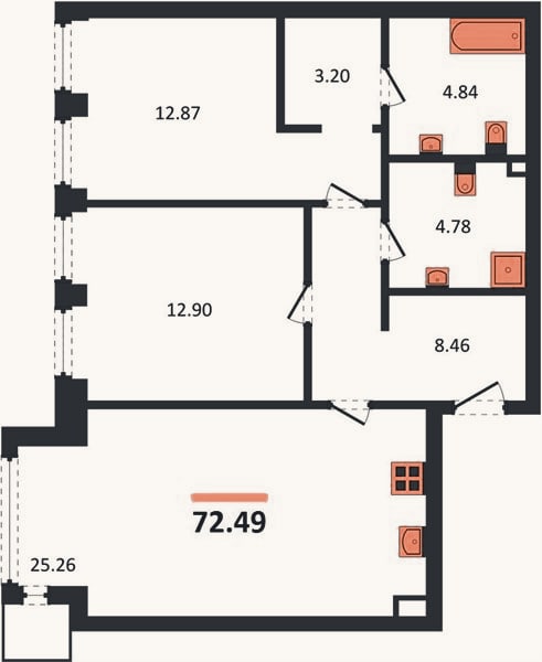 Планировка: 2-к, 72,5 м²