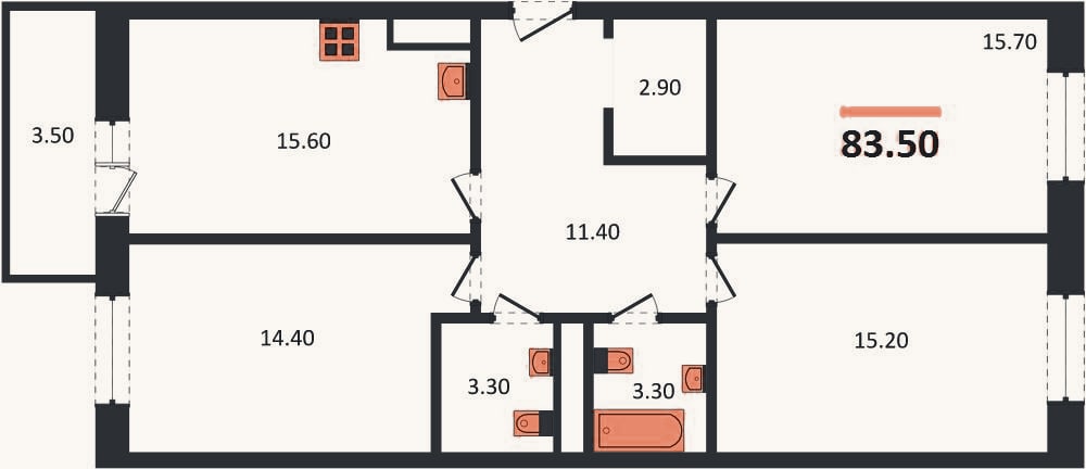 Планировка: 3-к, 83,5 м²