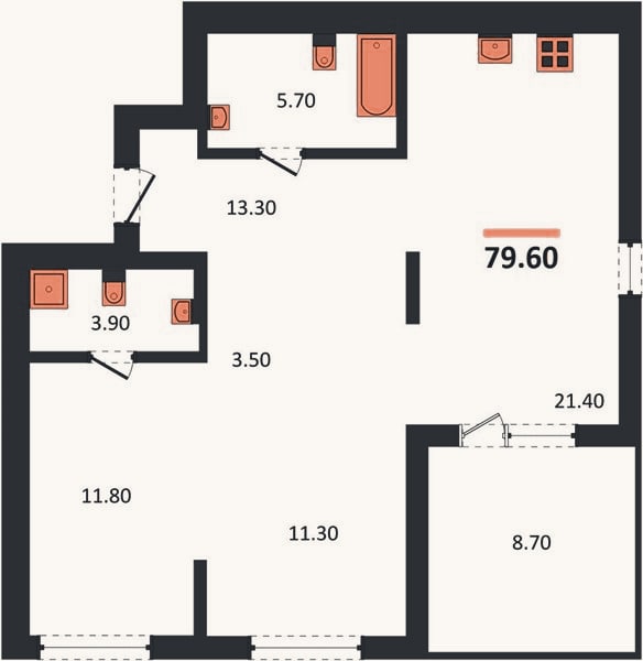Планировка: 2-к, 79,6 м²