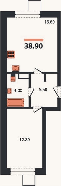 Планировка: 1-к, 38,9 м²