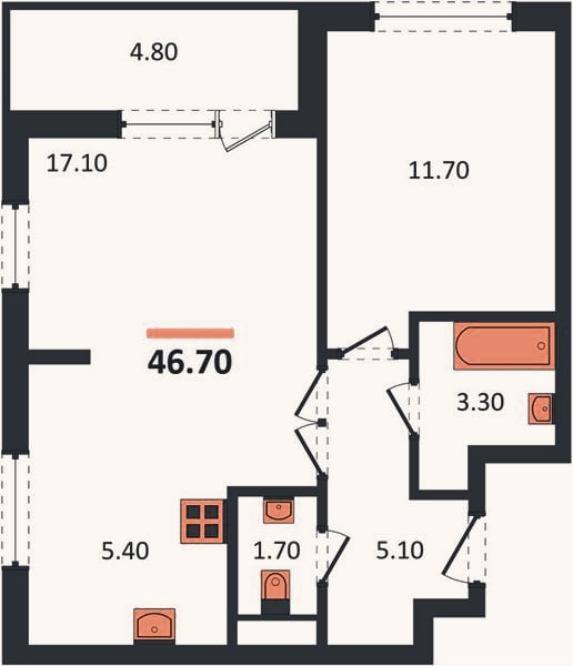 Планировка: 2-к, 46,7 м²