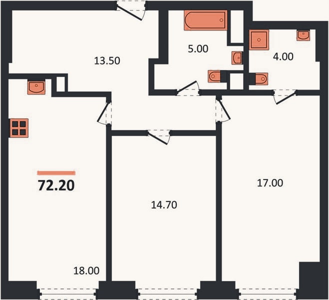 Планировка: 2-к, 72,2 м²