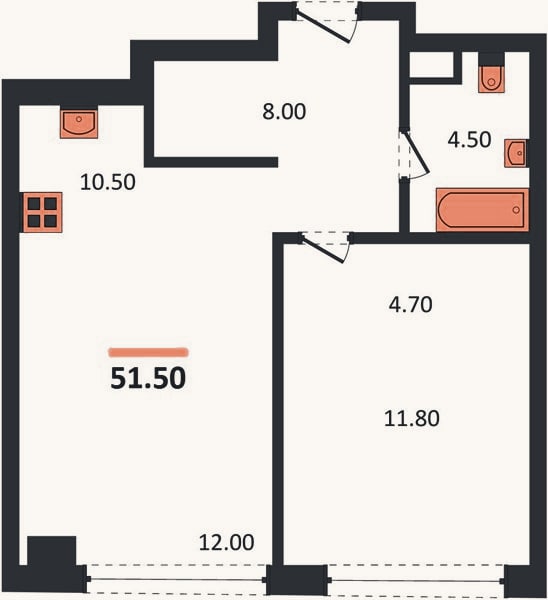 Планировка: 1-к, 51,5 м²