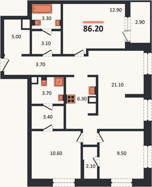 Планировка: 3-к, 86,2 м²