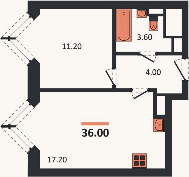 Планировка: 1-к, 36 м²
