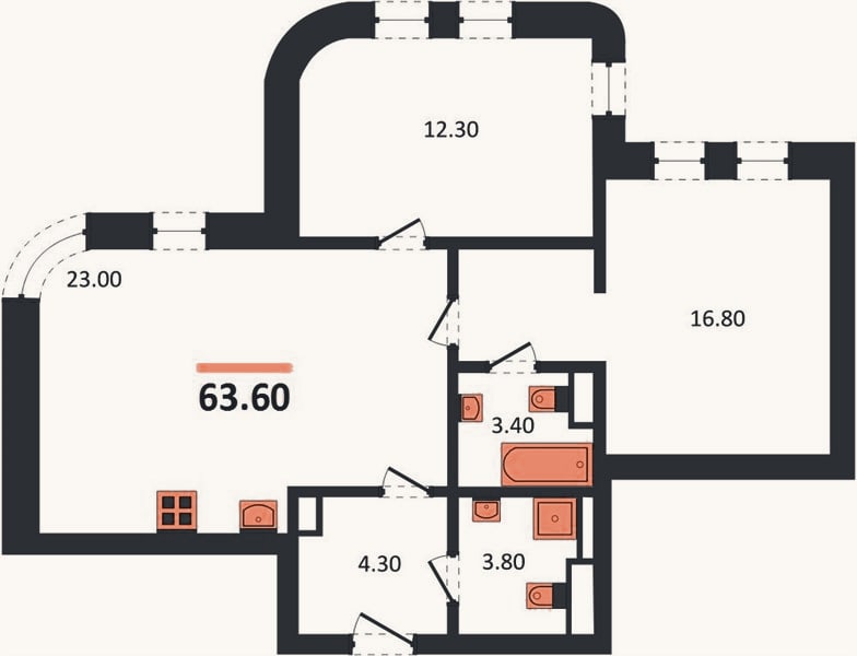 Планировка: 2-к, 63,6 м²