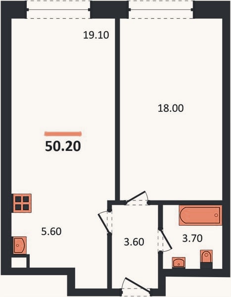 Планировка: 1-к, 50,2 м²