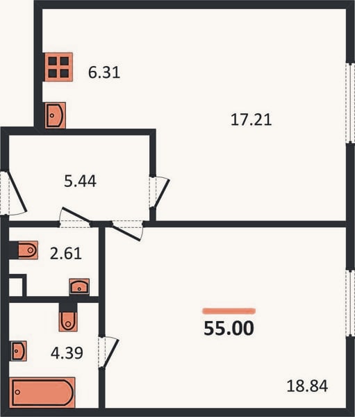 Планировка: 1-к, 55 м²