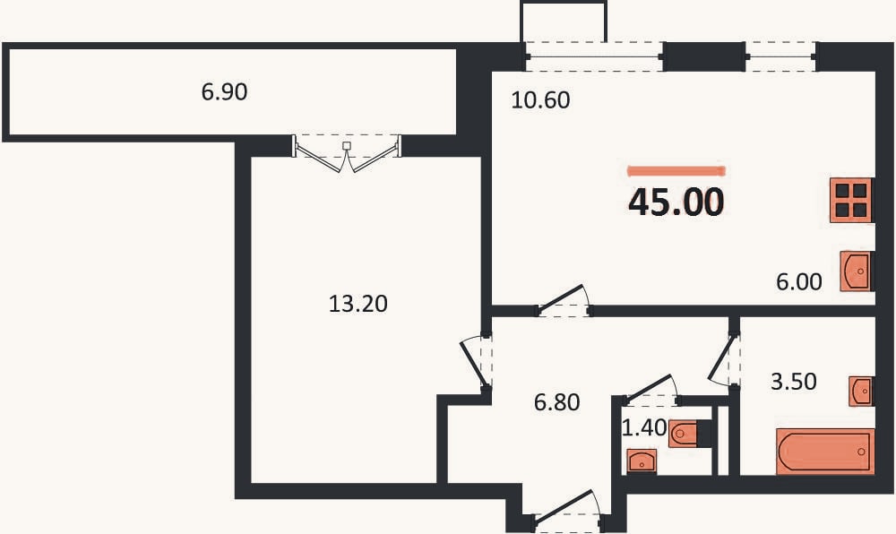 Планировка: 1-к, 45 м²