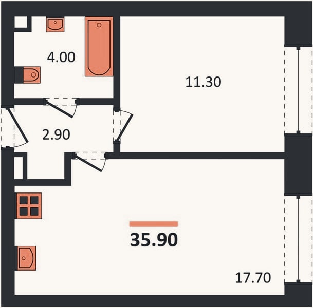Планировка: 1-к, 35,9 м²