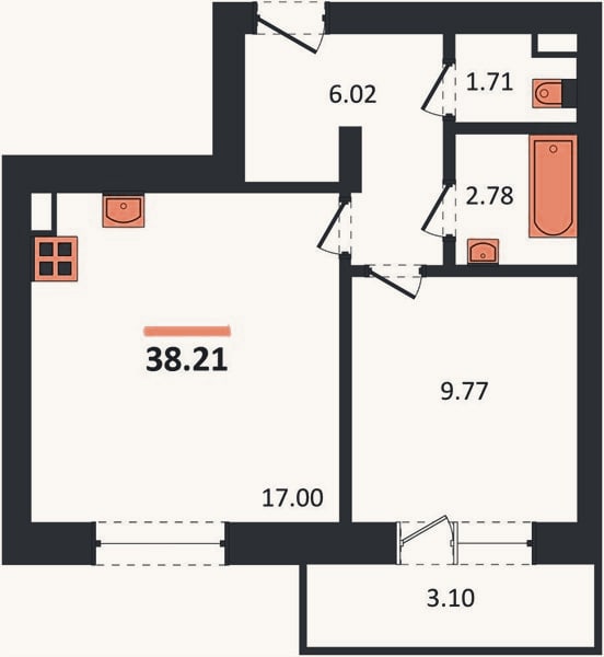 Планировка: 1-к, 37,3 м²