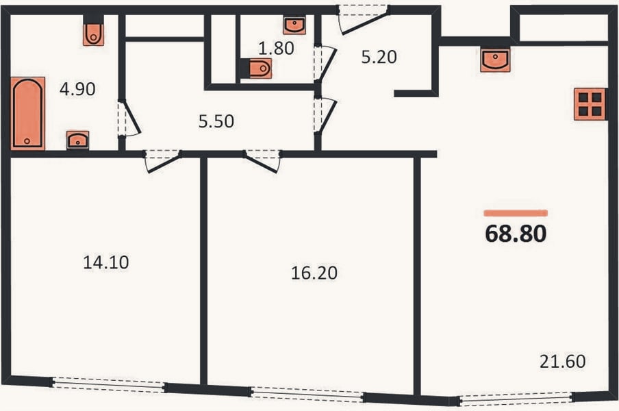 Планировка: 2-к, 68,8 м²