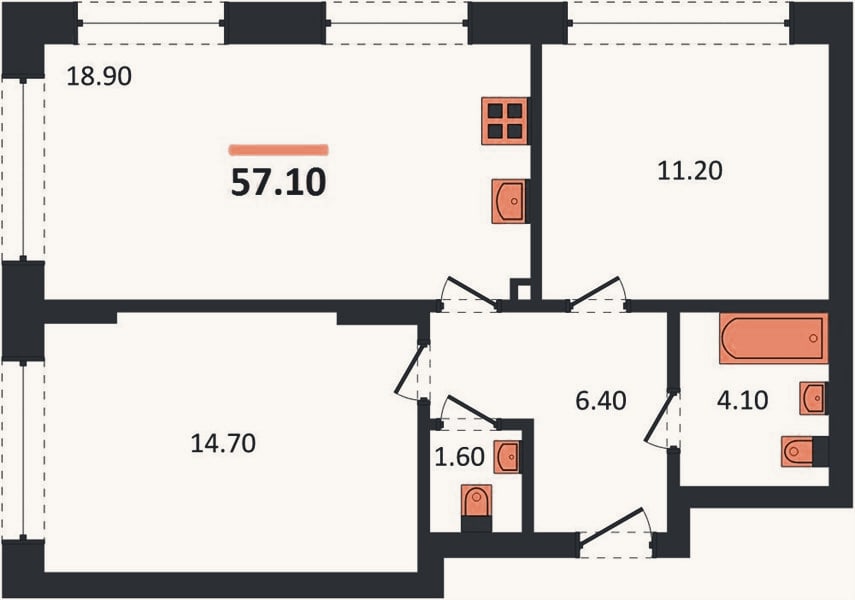 Планировка: 2-к, 57,1 м²