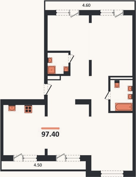 Планировка: 3-к, 97,4 м²