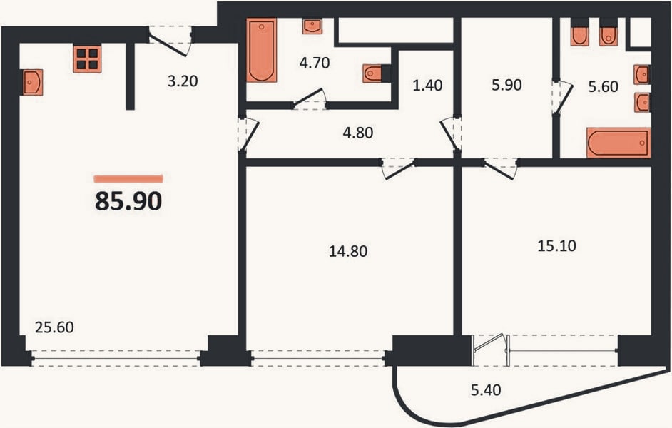 Планировка: 1-к, 85,9 м²