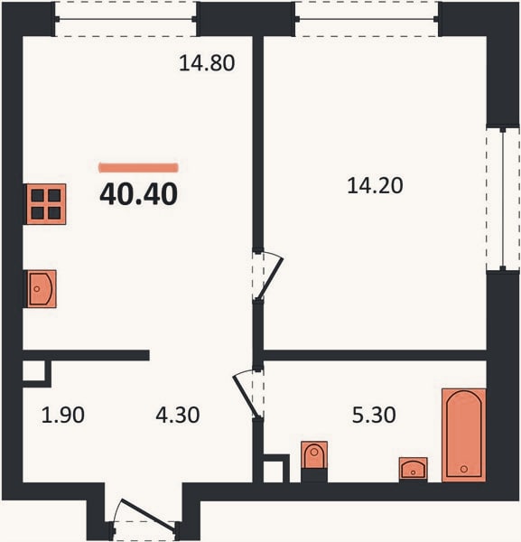 Планировка: 1-к, 40,4 м²