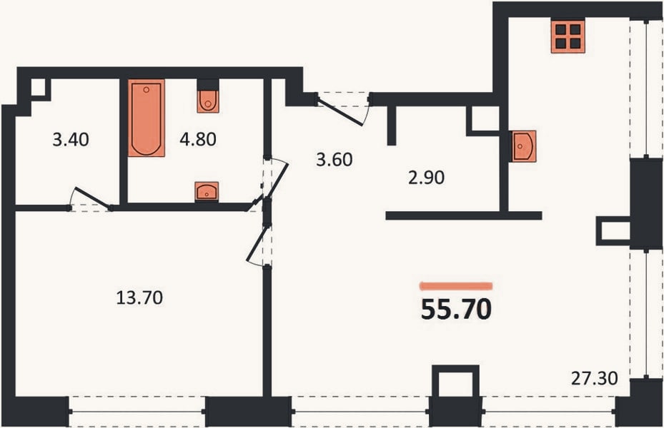 Планировка: 1-к, 55,7 м²