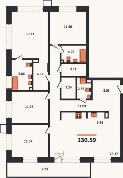 Планировка: 4+ к, 130,6 м²