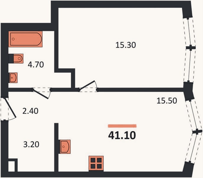 Планировка: 1-к, 41,1 м²