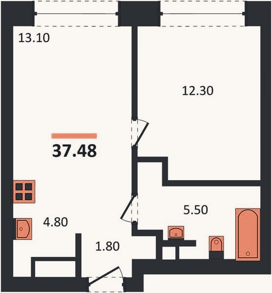 Планировка: 1-к, 37,5 м²
