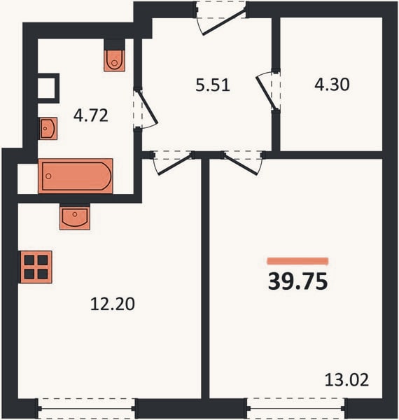 Планировка: 1-к, 39,8 м²