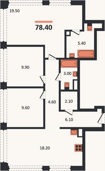 Планировка: 3-к, 79,2 м²