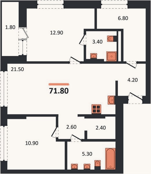 Планировка: 2-к, 71,8 м²