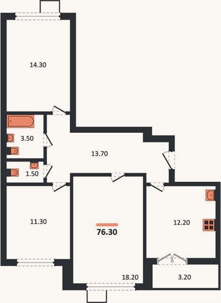 Планировка: 3-к, 77,3 м²