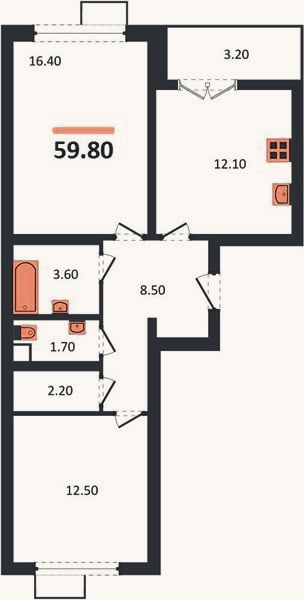 Планировка: 2-к, 59,8 м²