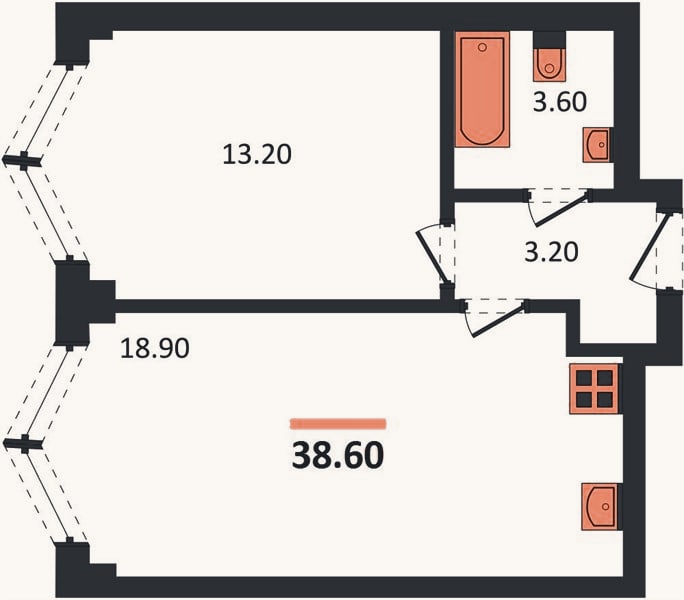 Планировка: 1-к, 38,6 м²