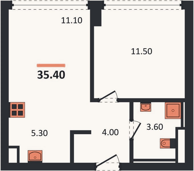 Планировка: 1-к, 35,4 м²