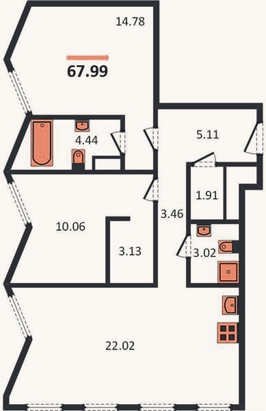 Планировка: 2-к, 67,9 м²