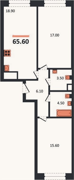 Планировка: 2-к, 65,6 м²