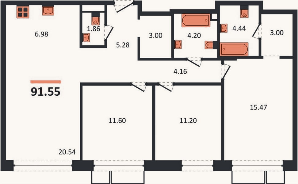 Планировка: 3-к, 91,6 м²