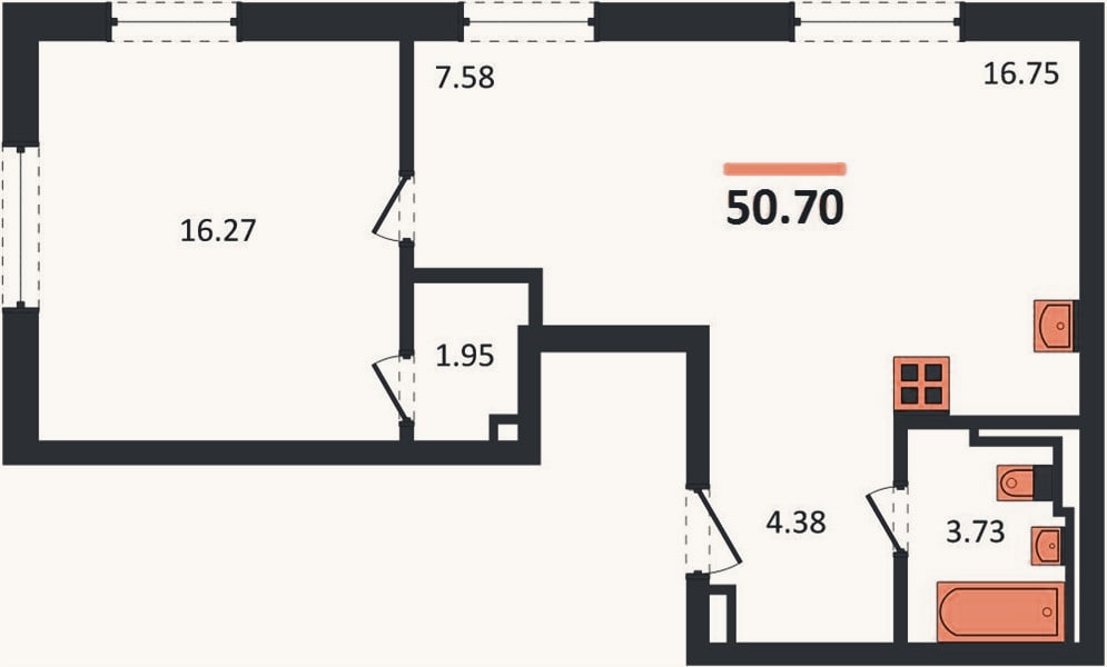Планировка: 1-к, 50,7 м²