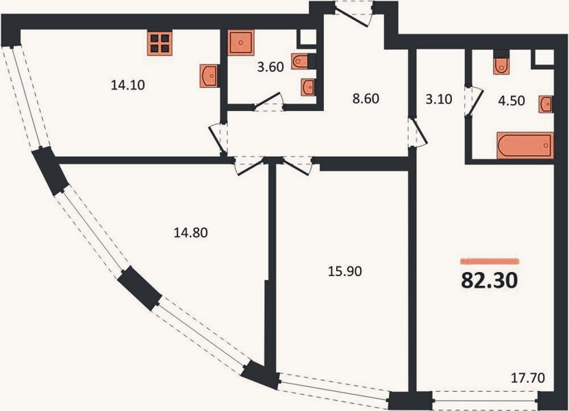 Планировка: 3-к, 82,3 м²