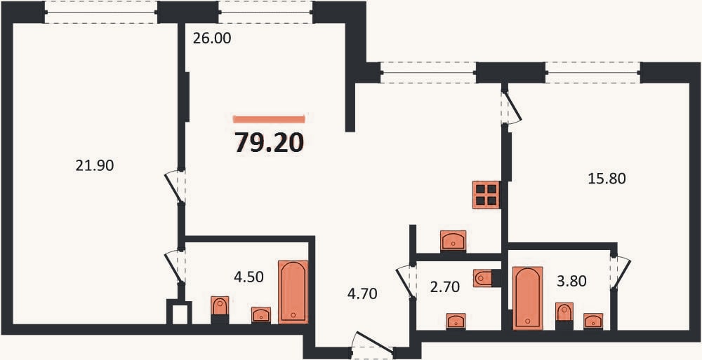 Планировка: 2-к, 79,2 м²